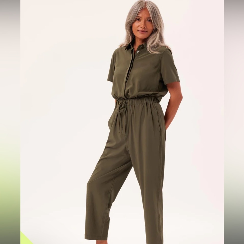 Dark Olive Stretch Woven Jumpsuit - S - Girlfriend Collective